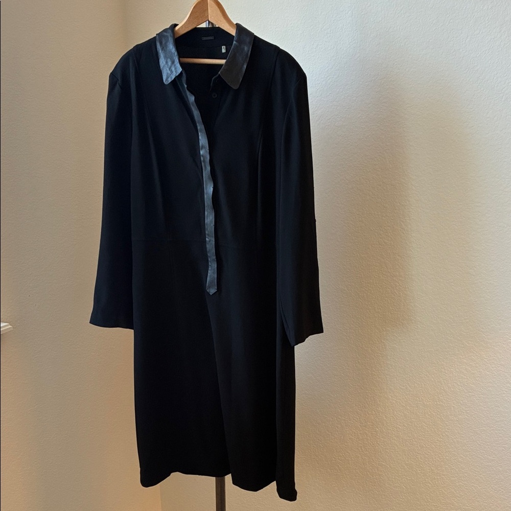 Elie Tahari sz 12 leather collar placket long sleeve black dress EUC classic
